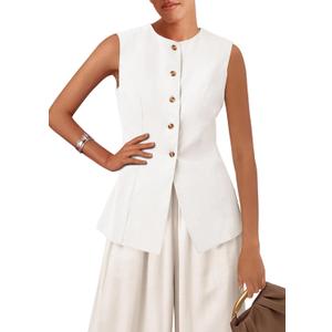 KIRUNDO Vest Tops for Women Trendy Dressy Business Casual Outfits 2026 Summer Sleeveless Fitted Blazer Work Suit Waistcoat (White, L)