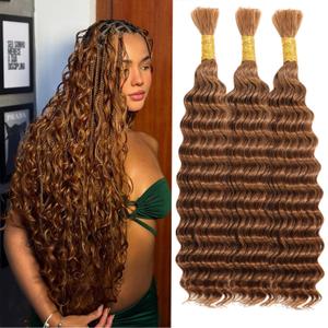 Brown Human Braiding Hair for Boho Braids 20 Inch 120g 3 Bundles Deep Wave Boho Hair for Braiding Brown 100% Human Hair Bulk for Black Women #30