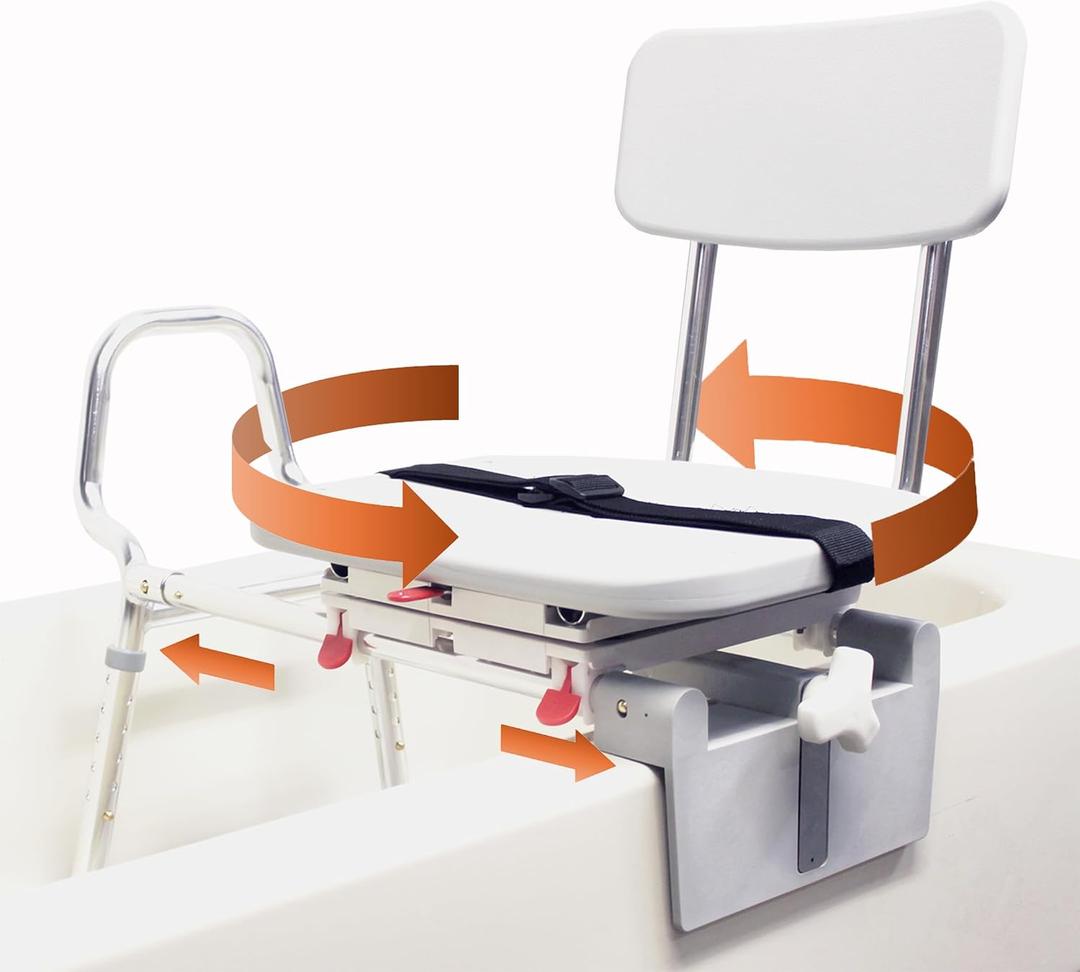 Tub-Mount Sliding Tub Transfer Bench with Swivel Seat, Space-Saving Design