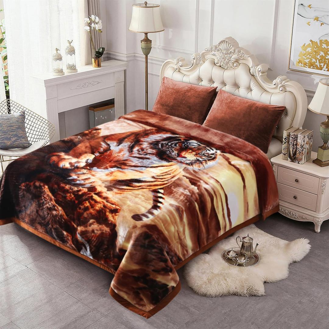 JML Korean Style Mink Blanket King Size 87" x95", 10 Pounds Plush Fleece Blanket, 2 Ply A&B Printed, Silky Soft and Warm Raschel Bed Blanket for Winter,Tiger & Horse