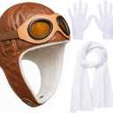 Aviator Hat with Goggles, White Scarf and Gloves, 3pcs Old-Time Aviator Costume Accessories, Halloween Costumes for Kids Boys Girls Ages 3-8 Cosplay, Birthday Party