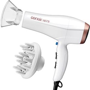 Conair Double Ceramic Hair Dryer with Ionic Conditioning, Includes Diffuser & Concentrator Nozzle, FrizzFree Blow Dryer for All Hair Types, White, 566DCN