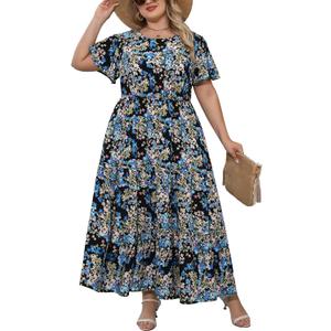 Nemidor Plus Size Maxi Dresses for Curvy Women Summer Casual Boho Ditsy Floral Print Layered Flared Long Dress with Pocket, 16