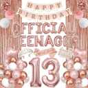 13th Birthday Party Decorations for Girls, Rose Gold Official Teenager Foil Balloons 13th Birthday Banner Fringe Curtain Crown Sash Paper Pompoms Cake Topper for 13 Year Old Girls Party Favor Supplies