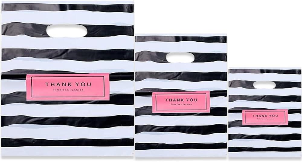 Thank You Merchandise Bags,100pcs 3 Size Mixed Plastic Retail Shopping Bags,Small Business Bag,Die-Cut Bags, Reusable Thank You Gift Bags with Handle