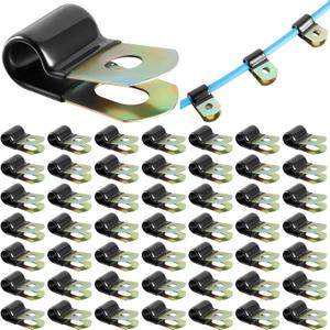 Tandefio 50 Pack Vinyl Coated Cable Clamps Galvanized Steel Cable Metal Wire Rubber Cushioned Insulated Hose Pipe Clamp for Tube Lines Wire Cord Installation(1/4 Inch, 6mm)