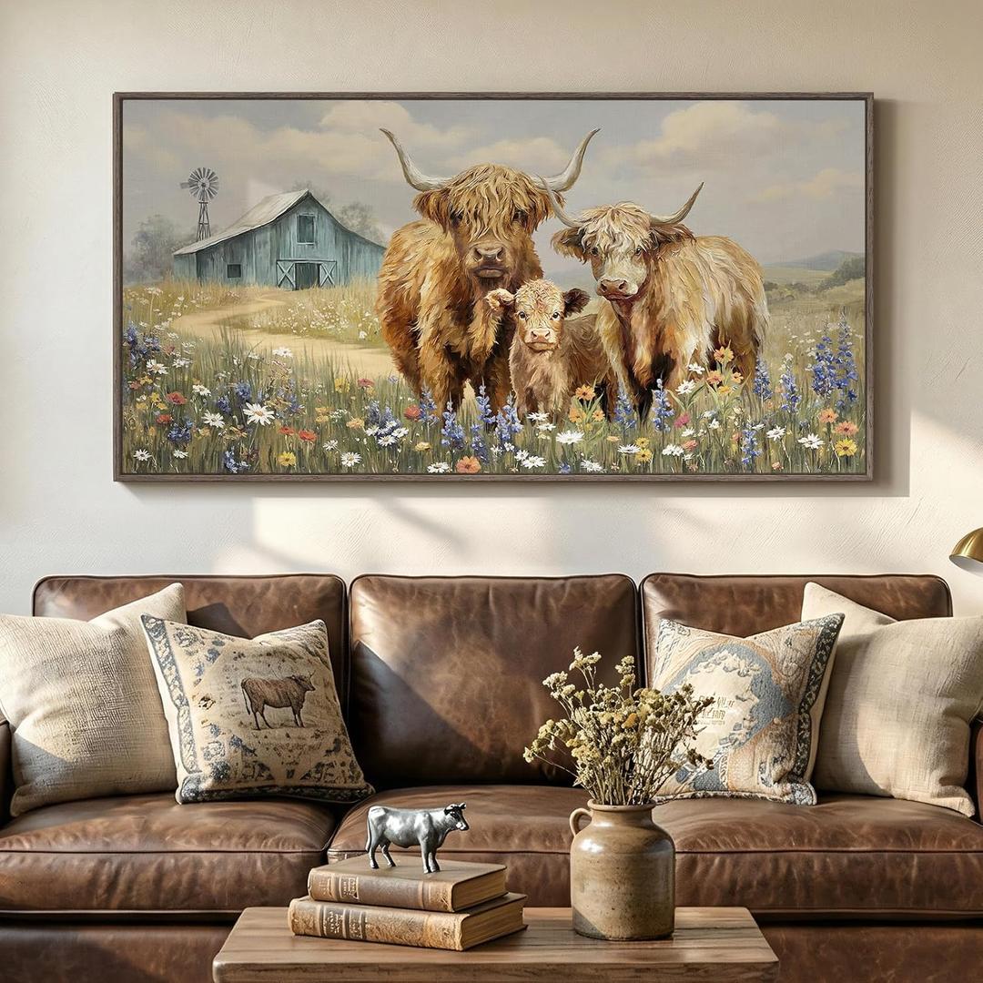 Cuspin Large Highland Cow Wall Art for Living Room, 60x30 In