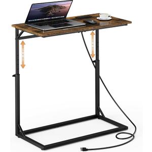 Vagusicc C Shaped End Table with Charging Station, Large C-Table End Table Adjustable Height Side Table for Couch, Couch Table Slide Under Sofa Table TV Tray Table for Sofa, Living Room, Bedroom,Brown, 11.95"d X 23.85"w X 20.85-33.55"h