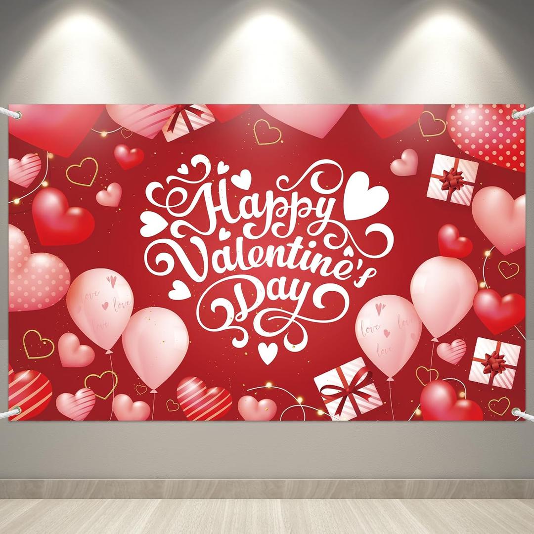 Happy Valentine's Day Backdrop, 71''x44'' Red Pink Banner Backdrop, Valentines's Day Party Background, Backdrop for Happy Valentine's Day Party Decorations