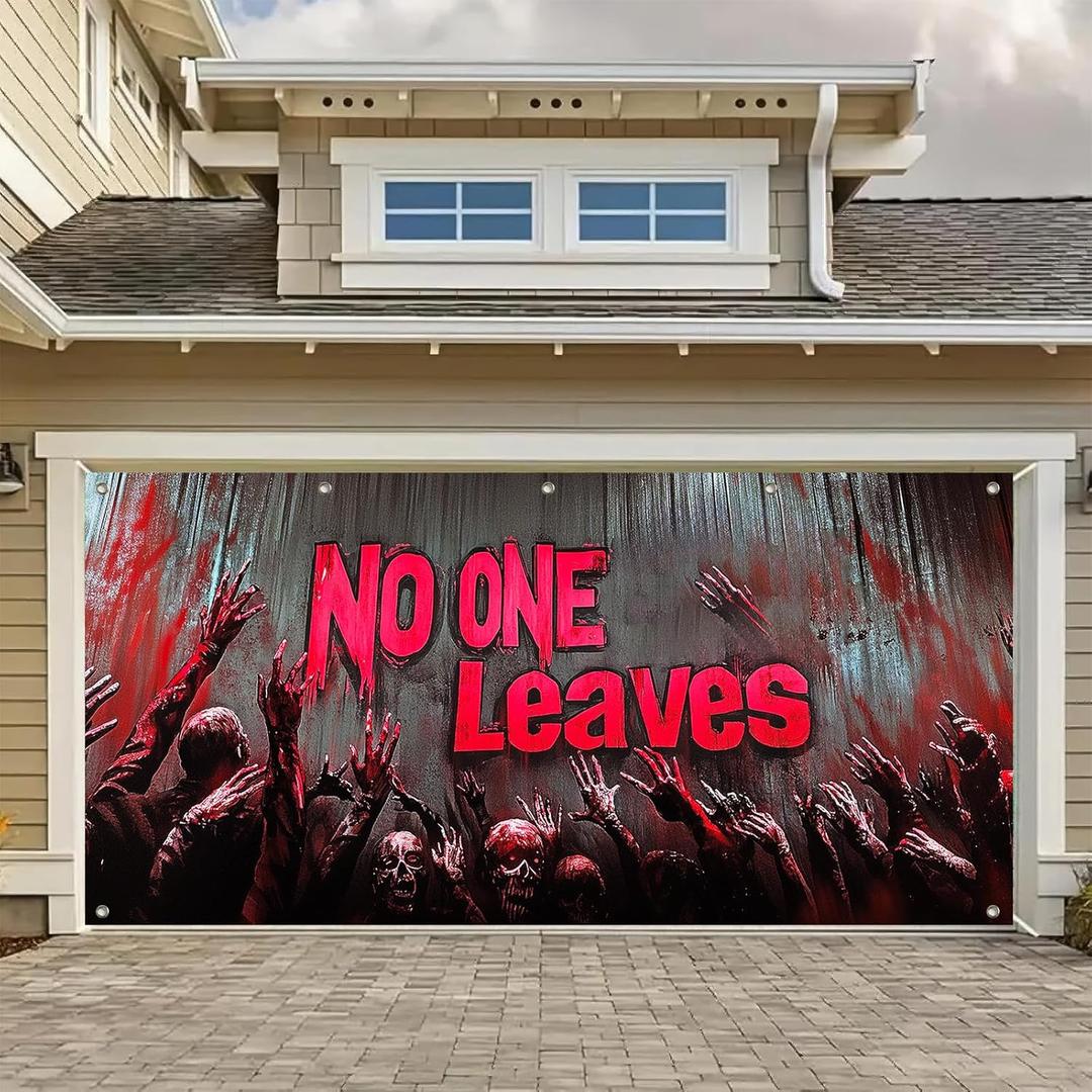 Halloween Garage Door Cover 13x6ft Zombie Wall Banner No One Leaves Bloody Message Garage Decoration Horror Backdrop Halloween Decorations Outdoor Creepy Yard Poster