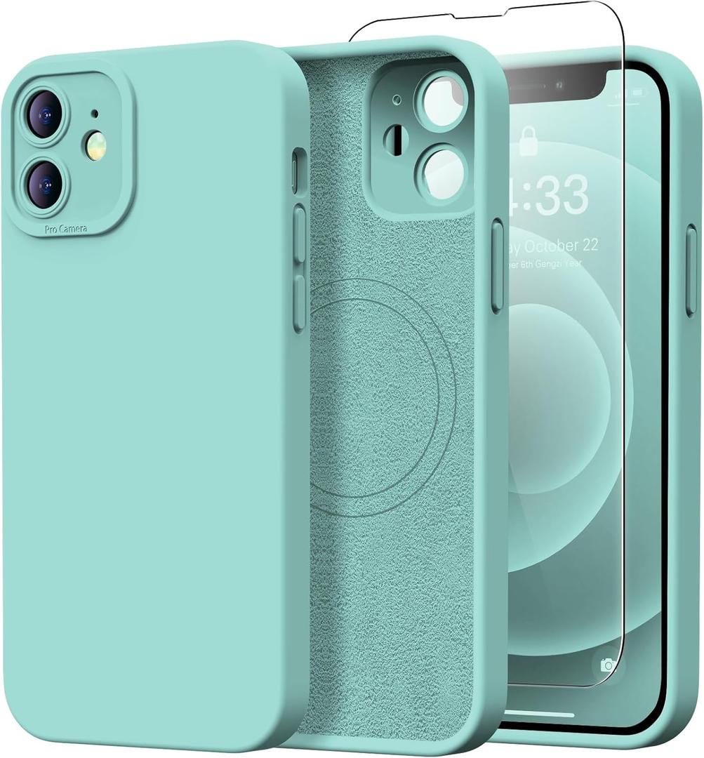 Designed for iPhone 12 Case with Screen Protector - Upgraded Camera Protection - Wireless Charging Compatible - Silicone Protective Phone Case 6.1" for Men Women Girls - Ice Teal