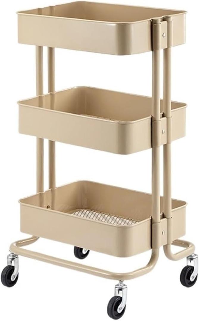 Storage Trolley Rolling Cart Utility Cart 3 Tier Rolling Cart with Wheels Metal Utility Cart Storage Organizer Trolley Cart for Kitchen Bath(Beige-One Size)