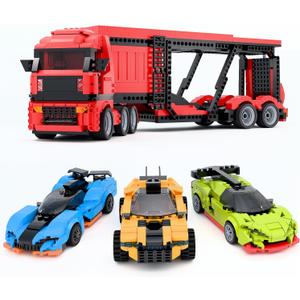 TG BLOCKS Micro Brick Car Transporter with 3 Sports Cars Building Set - Kids Truck Toy with Carrier & Trailer, Gift Idea for Teens 8+ Boys & Girls