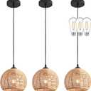 3 Pack Wicker Pendant Light Natural Woven Pendant Light Boho Chandelier Light Fixture Dome Rustic Farmhouse Pendant Lights Rattan Light Fixture for Dining Room Kitchen Island (Bulb Incl.)