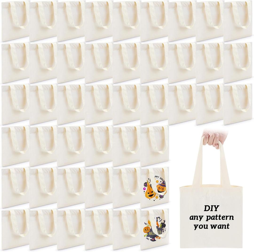 Amylove 48 Pcs Mini Tote Bag Sublimation Blank Canvas Tote Bags Reusable Grocery Luggage DIY Sack Goody for Party Even (8.5 x 8 Inch,Natural Color)