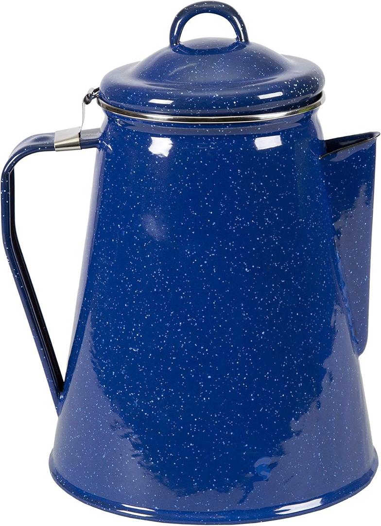 Stansport 8-Cup Enamel Percolator Coffee Pot – Classic Blue Camping Coffee Maker with Stem and Basket – Durable Double Baked Enamel, Stovetop Brewer for Campsite, Cabin & RV – Portable
