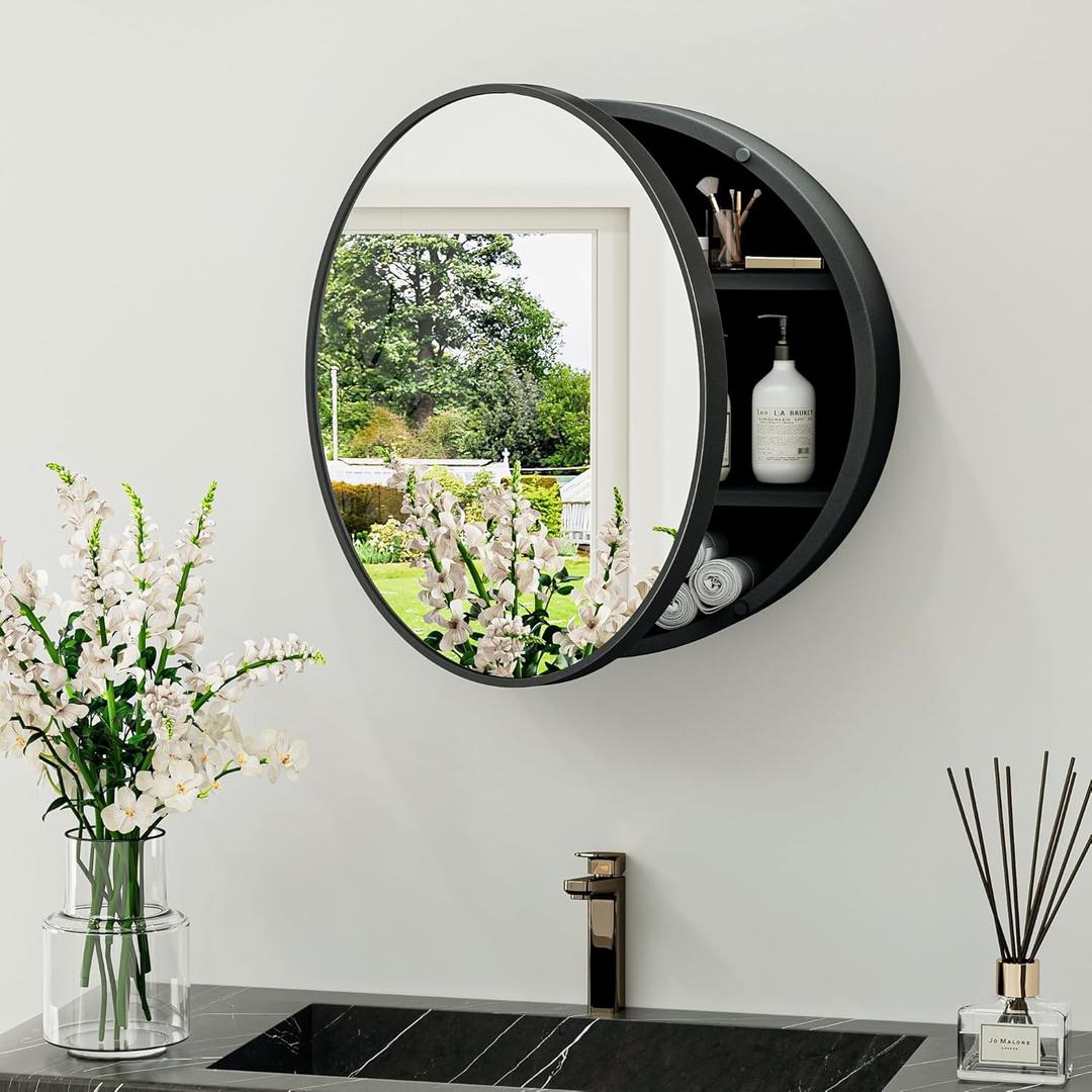TokeShimi 20 Inch Round Black Medicine Cabinet for Bathroom with Vanity Mirror Small Metal Framed Bathroom Mirrored Cabinet for Wall Mounted Only Circle Farmhouse Medicine Cabinet Removable Shelves
