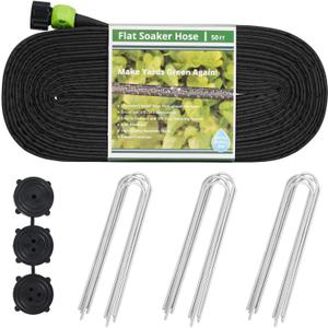 Flat Soaker Hoses 50 ft Save 70% Water, Leakproof Design Double Layer Drip Sprinkler Hose for Garden Bed