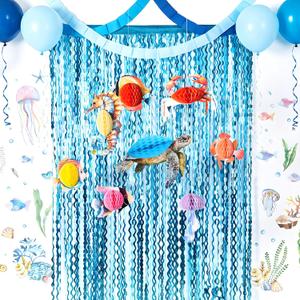 Obbolo Under the Sea Party Decorations, Ocean Birthday Party Decors with 3.3x6.5 Feet Tinsel Backdrop, 2 Pcs Ocean Wall Sticker Decals and 8 Hanging Ocean Animal Honeycombs for Sea Ocean Baby Shower