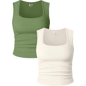 OQQ Womens 2 Piece Crop Tops Rueched Sleeveless Square Neck Stretch Basic Tank Shirts (Green, L)