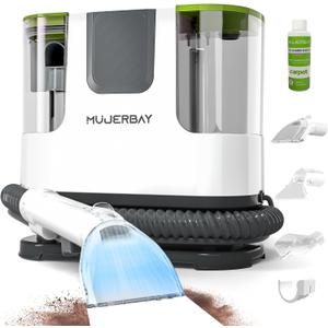 Upholstery Carpet Cleaner Machine, MUJERBAY Portable Spot & Stain Cleaner Shampooer, Move with Universal Wheels & Handle, 1.18-inch Deep Cleaning Machine for Couch, Stairs, Car & Messes.White.