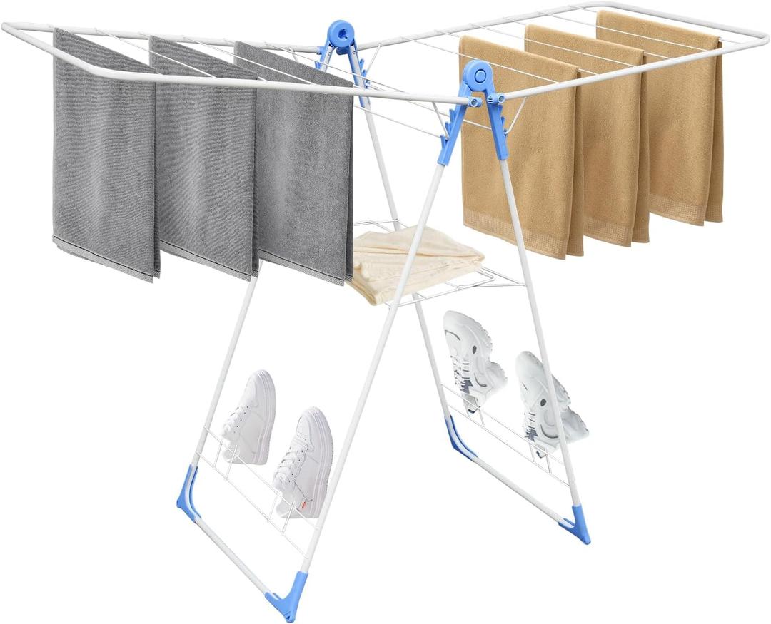 Foldable Gullwing Clothes Drying Rack Free Standing Indoor Outdoor Airer | Height Adjustable Wings Large Laundry Airer with Shoe Rack for Balcony Laundry Room