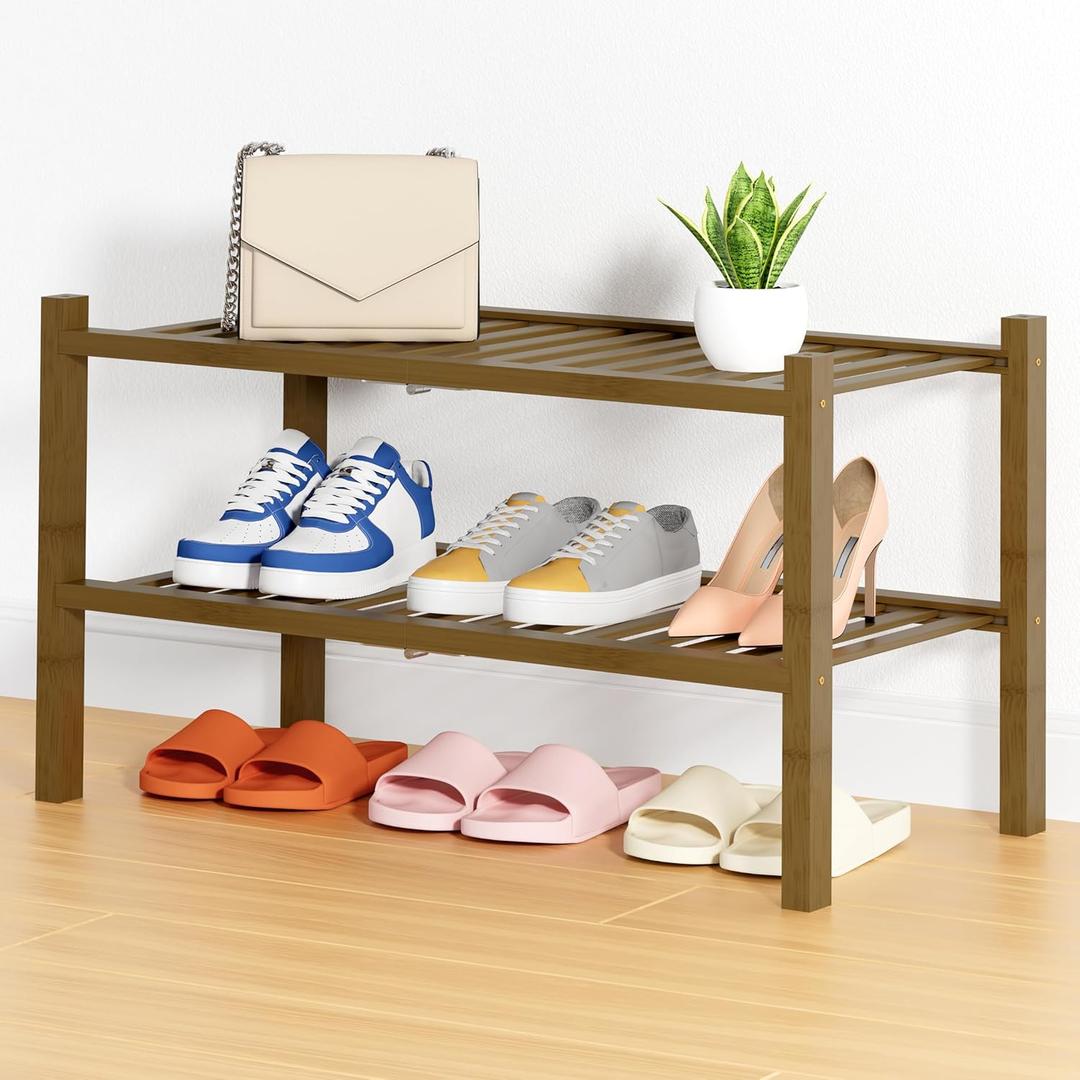 Smiry Bamboo Shoe Rack, 2 Tier Free Standing Wooden Shoe Organizer, Stackable Wood Shoe Storage Shelf for Closet, Entryway, 14 Vertical Slats, One-piece Heavy-Duty Legs, 26.8"x11"x13", Walnut