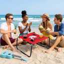 Portable Beach Table Foldable Camping Picnic Table with Cup Holder and Phone Pockets Lightweight Stable for Tailgate Travel Fishing Hiking and Outdoor Adventures(Red, Solid Pattern)