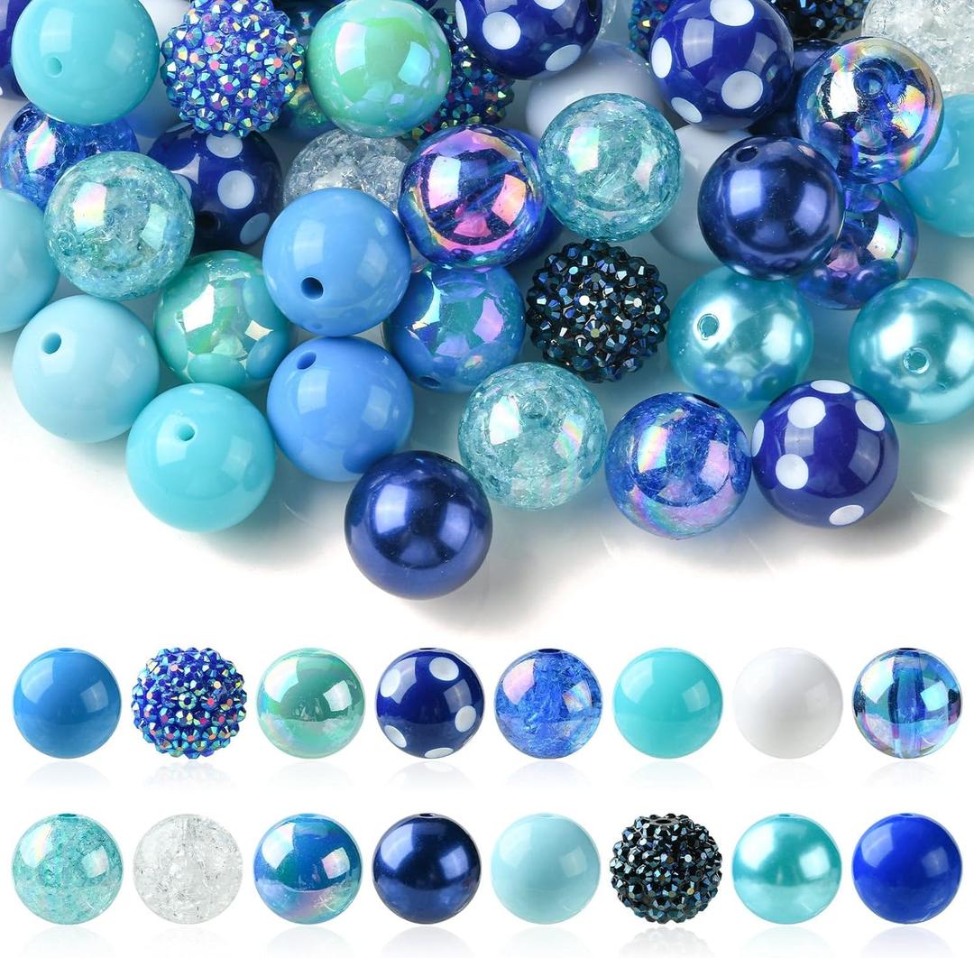 DanLingJewelry 50Pcs Random Blue Series 20mm Acrylic Round Beads Chunky Bubblegum Beads Large Ball Beads for Jewelry Bracelets Making