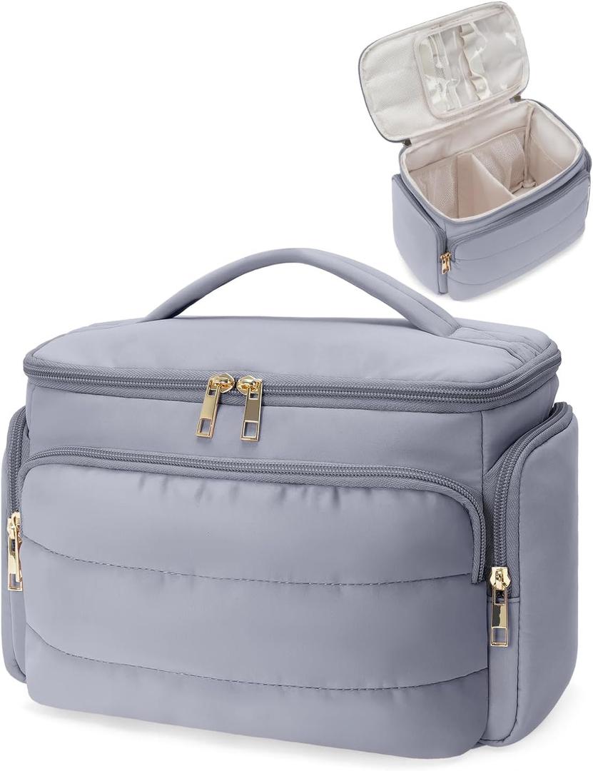 WANDF Travel Toiletry Bag for Women, Wide-open Large Makeup Bag with Handle, Puffy Makeup Organizer for Toiletries, Cosmetics, Accessories, Essentials (Slate Blue)
