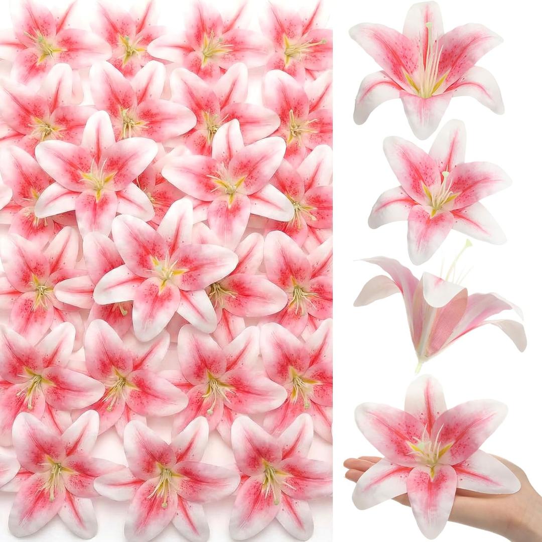 30 Pack Large Artificial Lilies Flower Heads with Realistic Stamens 5.9" Faux Fake Lily Flower Heads Bulk for DIY Crafts Cake Wedding Bridal Wreaths Table Home Party Decor(Light Pink)
