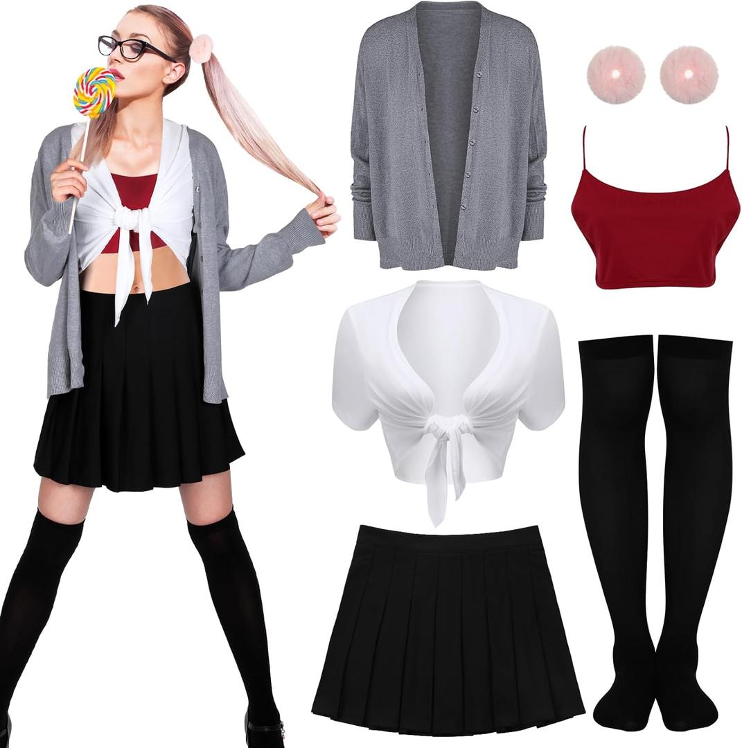 Jeyiour 6 Pcs Halloween Pop Singer Costume Furry Scrunchies Tie up Shirt Pleated Skirt Cardigan Sweater Top high Sock (Medium)