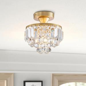 Bestier Modern Gold Crystal Semi-Flushmount Chandelier Lighting LED Ceiling Light Fixture Lamp for Dining Room Bathroom Bedroom Livingroom Diameter 9" Height 10"