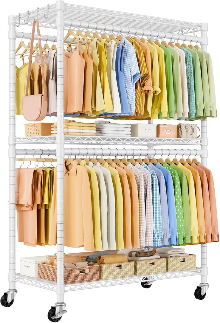 Rolling Clothes Rack, Clothing Racks for Hanging Clothes, White
P5 Plus Heavy Duty Garment Rack with Wheels, 3-Tier Shelves, Portable Closet Racks 45''W × 20.5''D × 80.5''H, Max Load 660Lbs