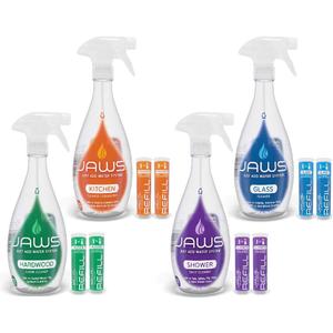 JAWS Cleaners Home Cleaning Kit, Multi-Surface Kitchen, Glass, Shower and Hardwood Floor, 2 Refill Pods Included. Refillable Cleaning Supplies.