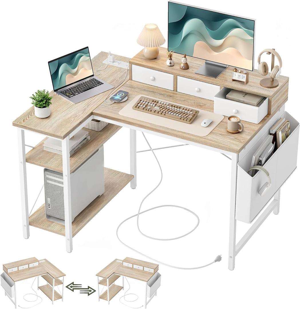 TIQLAB 40 Inch L Shaped Computer Desk with 3 Drawers & Power Outlets, Small Corner Desk with Reversible Shelves, Vanity Kids Writing PC Desk for Bedroom Home Office, Study Table for Girls, Maple