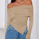 PRETTYGARDEN Women's Off The Shoulder Tops Spring Fashion 2026 Long Sleeve Shirts Going Out Slim Fitted Blouses Fall Clothes (Beige, XS)