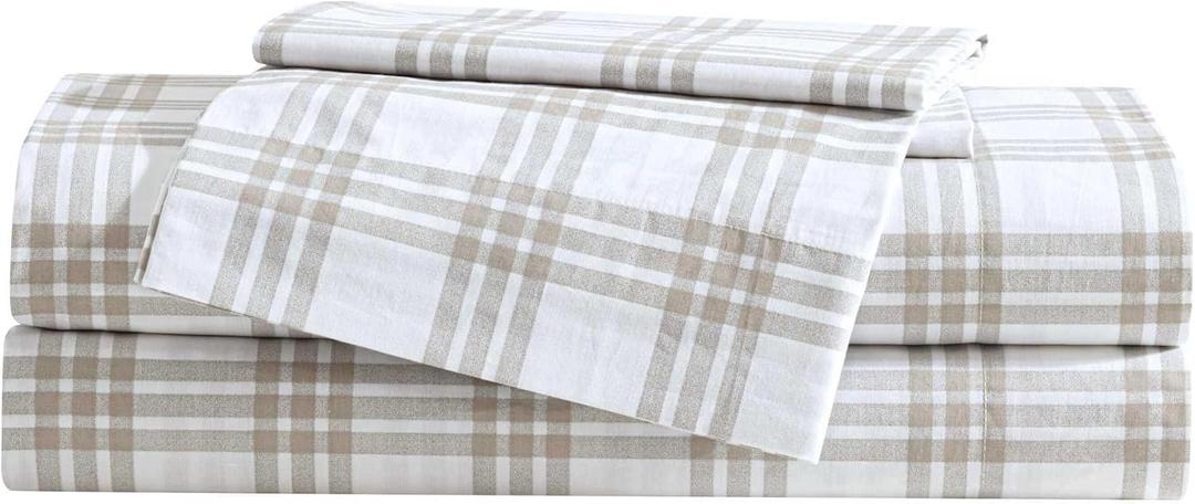 Eddie Bauer - Queen Sheet Set, Cotton Percale Bedding Set, Super Soft and Bedding Set, Oeko-Tex Certified (Basic Plaid Beige, Queen)