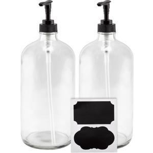 Cornucopia Brands 32oz Clear Glass Pump Bottles (2-Pack); Quart Size Soap Dispensers w/Black Plastic Lotion Locking Pumps; Includes Chalk Labels Cornucopia Brands 32oz Clear Glass Pump Bottles (2-Pack); Quart Size Soap Dispensers w/Black Plastic Lotion Locking Pumps; Includes Chalk Labels