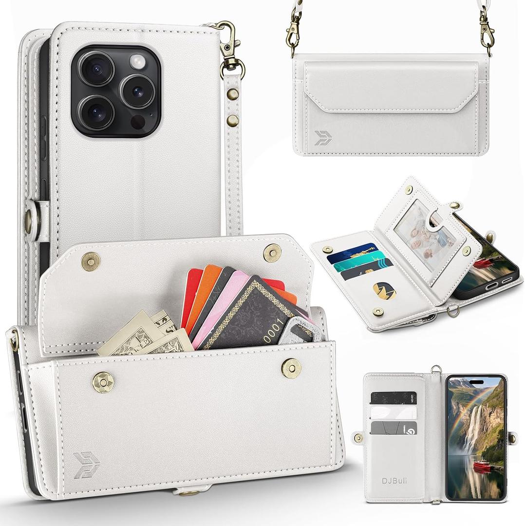 DJBull for iPhone 16 Pro Max 6.9" Wallet Case with Card Holder, Shoulder and Wristlet Straps, Soft PU Leather, Magnetic Snap, Flip Phone Case for Women Men for Apple 16 Pro Max White