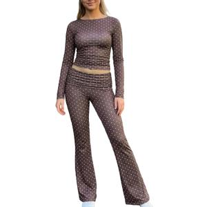 Mxiqqpltky Polka Dot Pants Sets Women 2 Piece Lounge Outfits Y2k Long Sleeve Top and Fold Over Leggings Pants Tracksuit Sets (Brown, S)