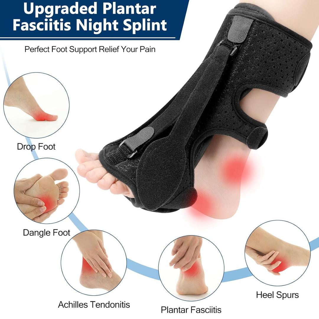 2PCS Upgraded Plantar Fasciitis Night Splint, 3 Adjustable Straps Plantar Fasciitis Relief Braces for Achilles Tendonitis, Foot Drop & Heel Spur Pain Relief Day & Night (Black)