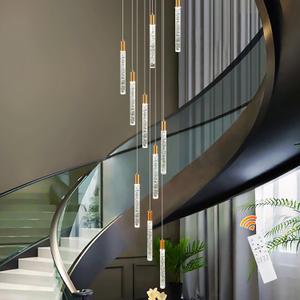 GEADI Modern LED High Ceiling Chandelier with Remote Control,10 Lights Crystal Foyer Chandeliers for High Ceilings,Gold Dimmable Long Pendant Light for Staircase Entryway Living Room