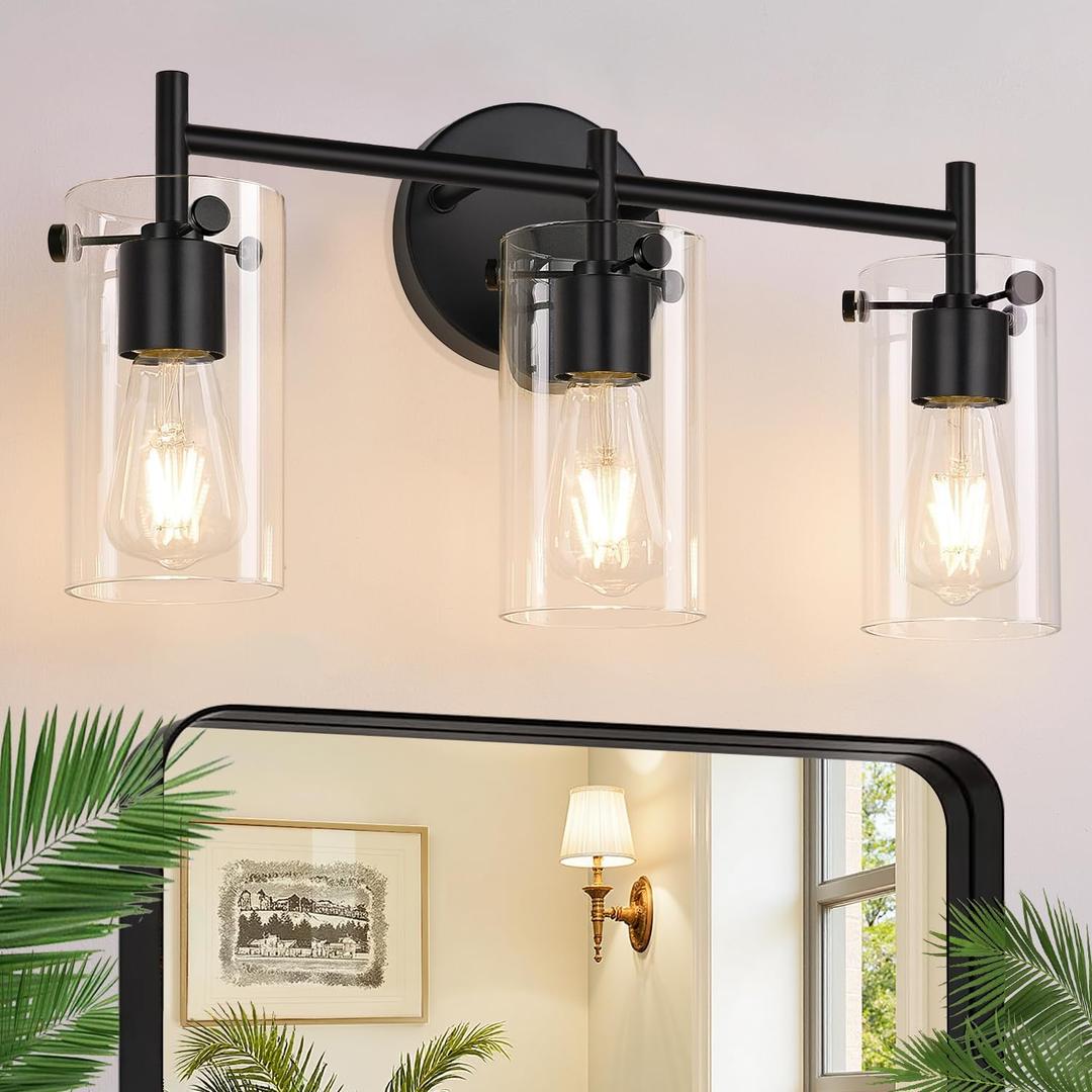 Bathroom Light Fixtures 2023 Upgrade, 3-Light Matte Black Vanity Light, Black Bathroom Lights Over Mirror with Clear Glass Shade, Wall Sconces for Mirror Bedroom Living Room Hallway