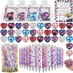 128 Pcs 4th of July Party Favors Ballpoint Pens and 2.75 Inch Stress Balls with Gift Cards Set Gifts Bulk for Independence Day Patriotic Pens Stress Balls Organza Bags(Heart Shaped)