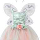 Fairy Costume Dress for Girls, Green Princess Flower Girl Dress, Tutu Dress with Headband and Wings (5-6 years)