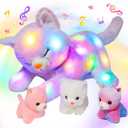 Hopearl LED Musical Stuffed Cat Lighting Up Singing Plush Toy Playset Mommy Cat with 3 Baby Kittens in her Tummy Lullaby Animated Soothe for Mom Kids Toddler Girls, Rainbow, 18''