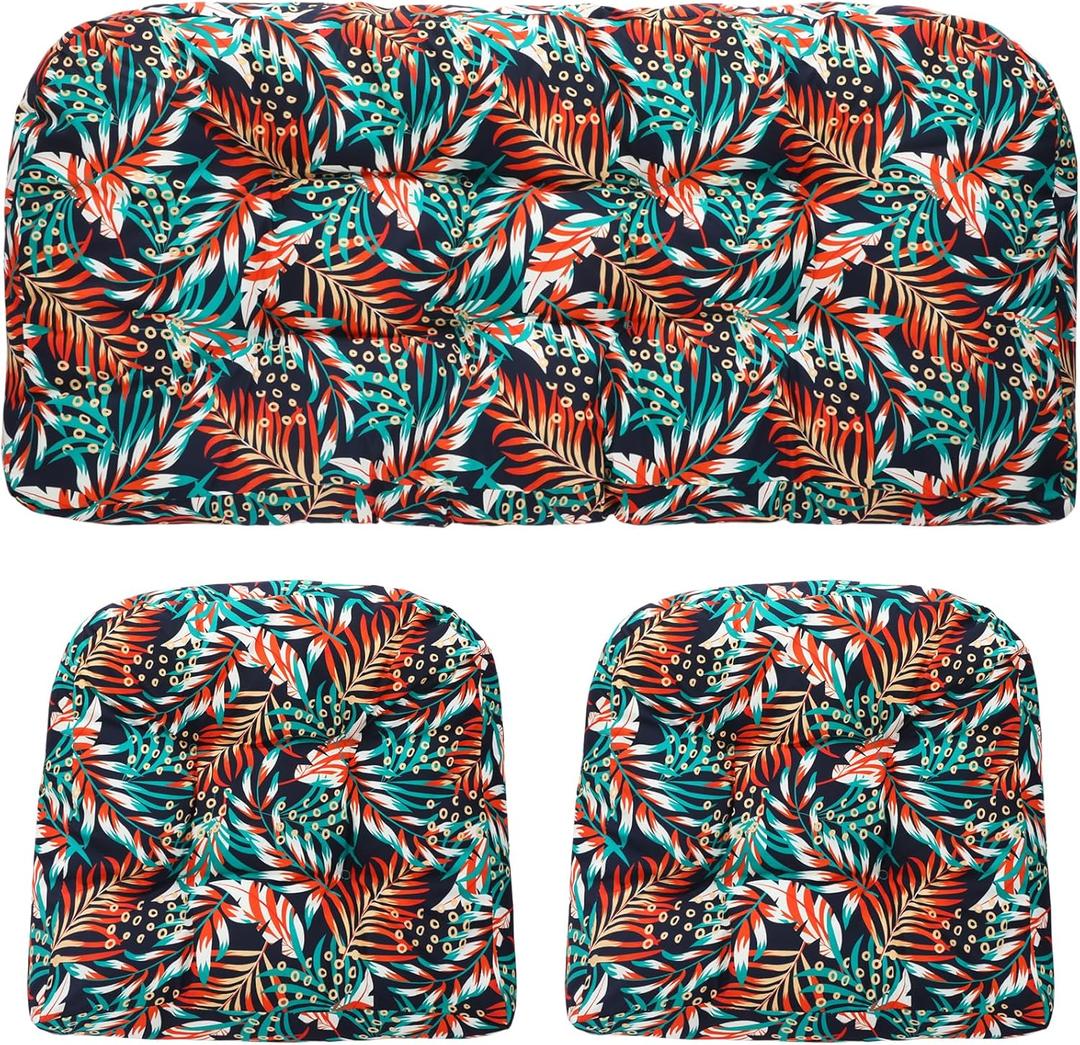 3 Pcs Wicker Chair Outdoor Cushion for Furniture, 1 Loveseat Seat and 2 U-Shape Cushion for Patio Furniture(Tropical Leaves)