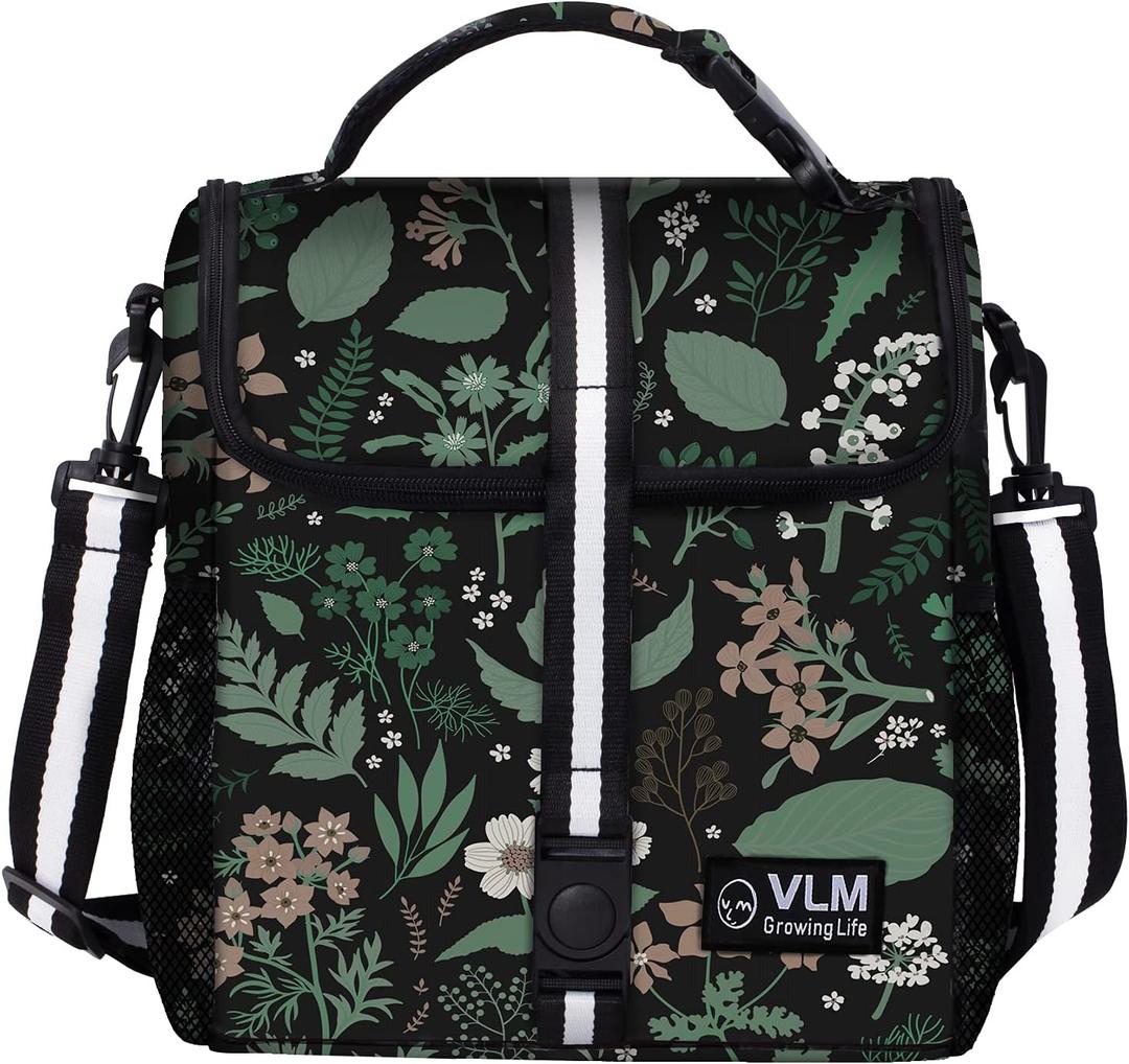VLM Lunch Box for Women, Insulated Lunch Bag Women with Adjustable Shoulder Strap, Cute Lunch Tote Bag for Work,Picnic,Camping Big Size (Large, Green Floral)