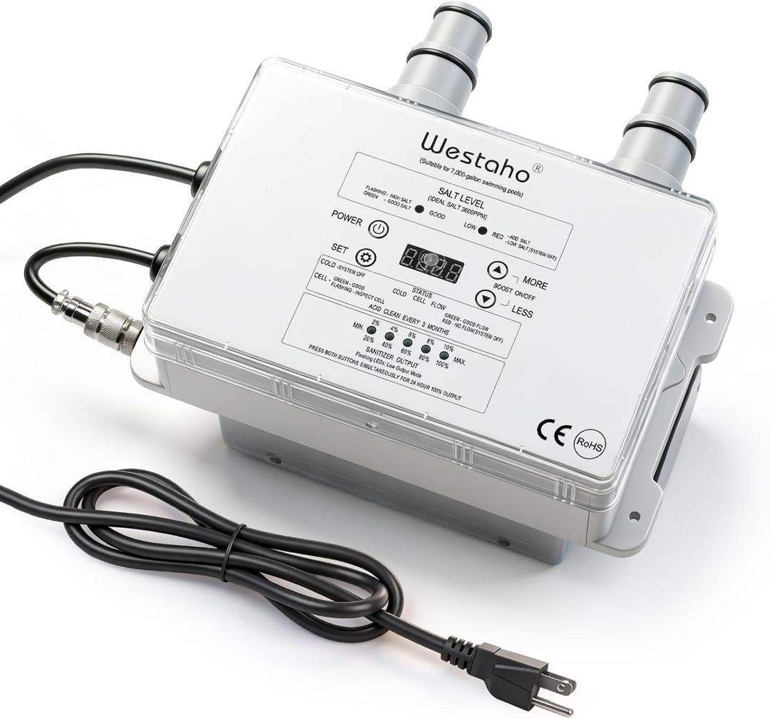 Salt Chlorine Generator, Westaho Salt Water Pool Chlorinator System with USA-Made Titanium Cells, for Above Ground Pools up to 7,000 Gallons, Compatible with Intex Pools